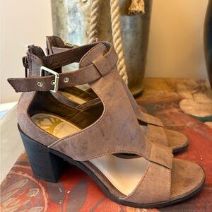 Fergalicious by Fergie Taupe Suede Marquette Open Toe Block Heeled Sandals-Sz 8
